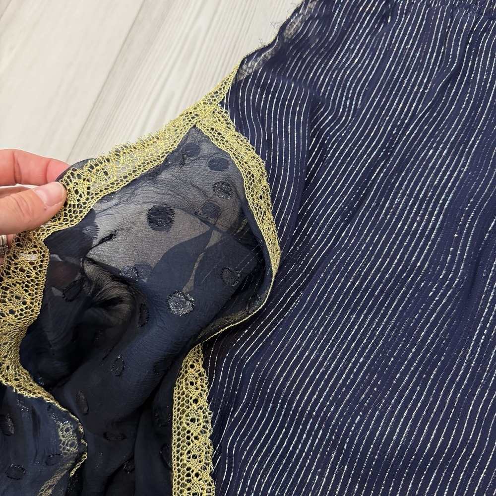 Koos Van Den Akker Couture 1980s Silk Blouse Shirt Sheer Pattern Navy Gold - Picture 13 of 14